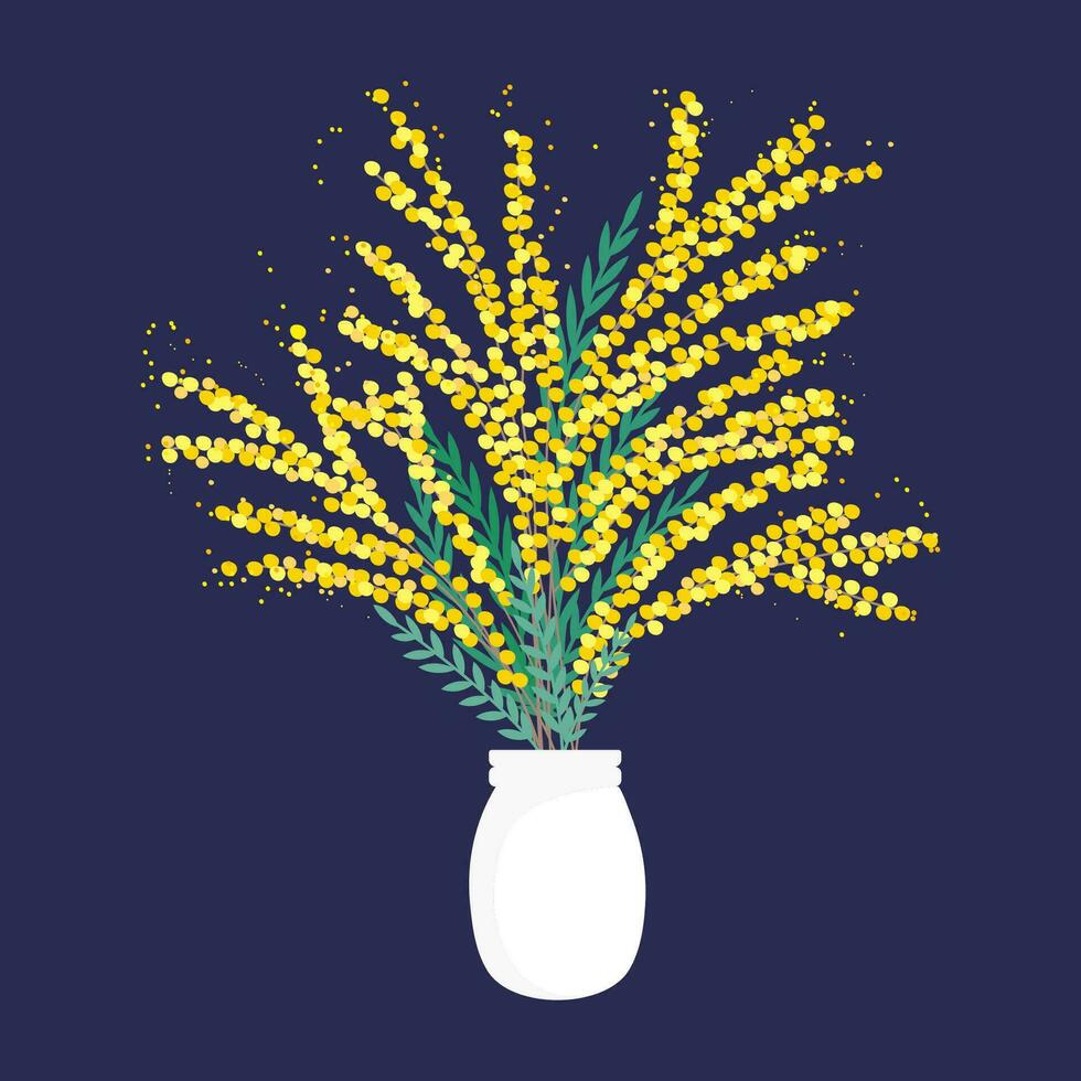 Mimosa flowers in a vase. Yellow flowers with leaves. Spring flowers. Floral composition. Vector illustration