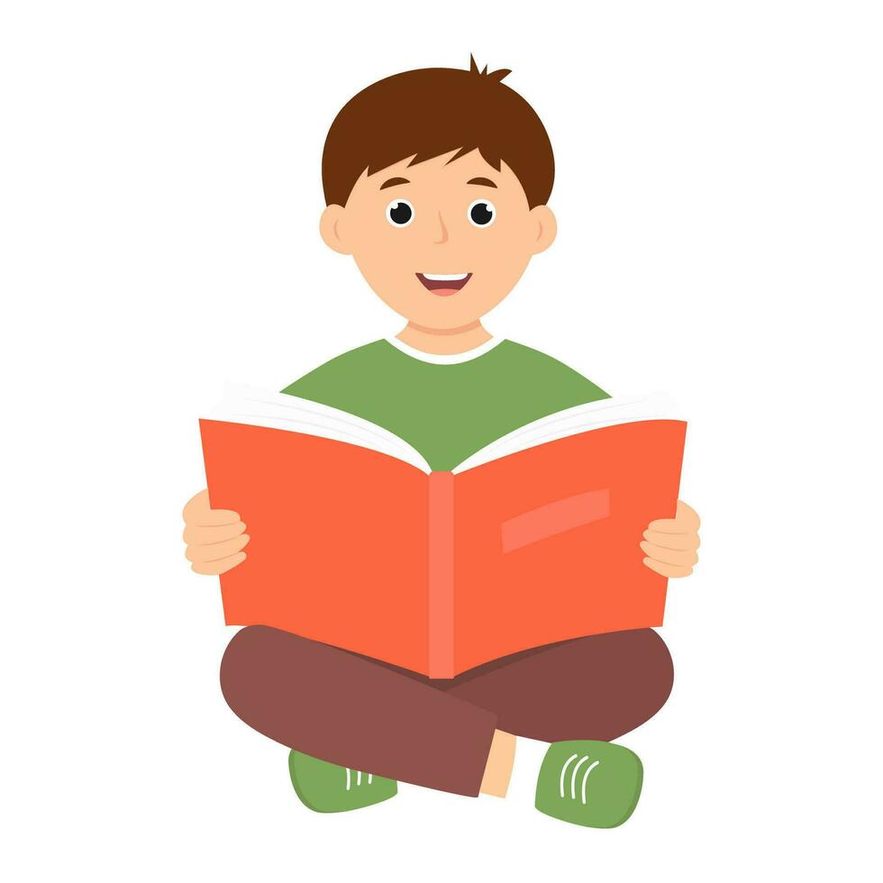 Happy cute kid holding open book. Smiling girl reading a book. Vector illustration isolated