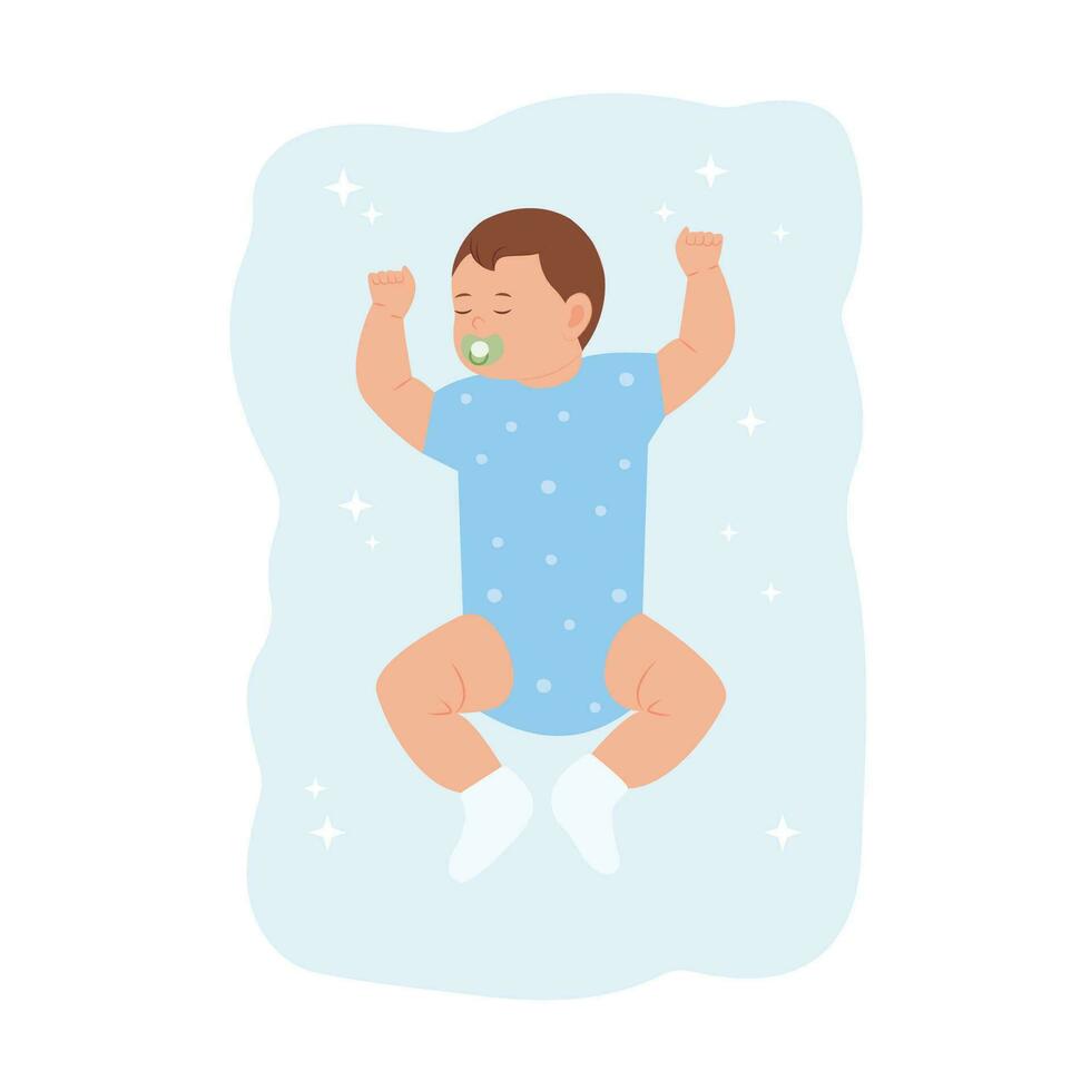 Baby sleeping. Newborn baby sleeps peacefully in the crib.Using pacifier.  Vector illustration.