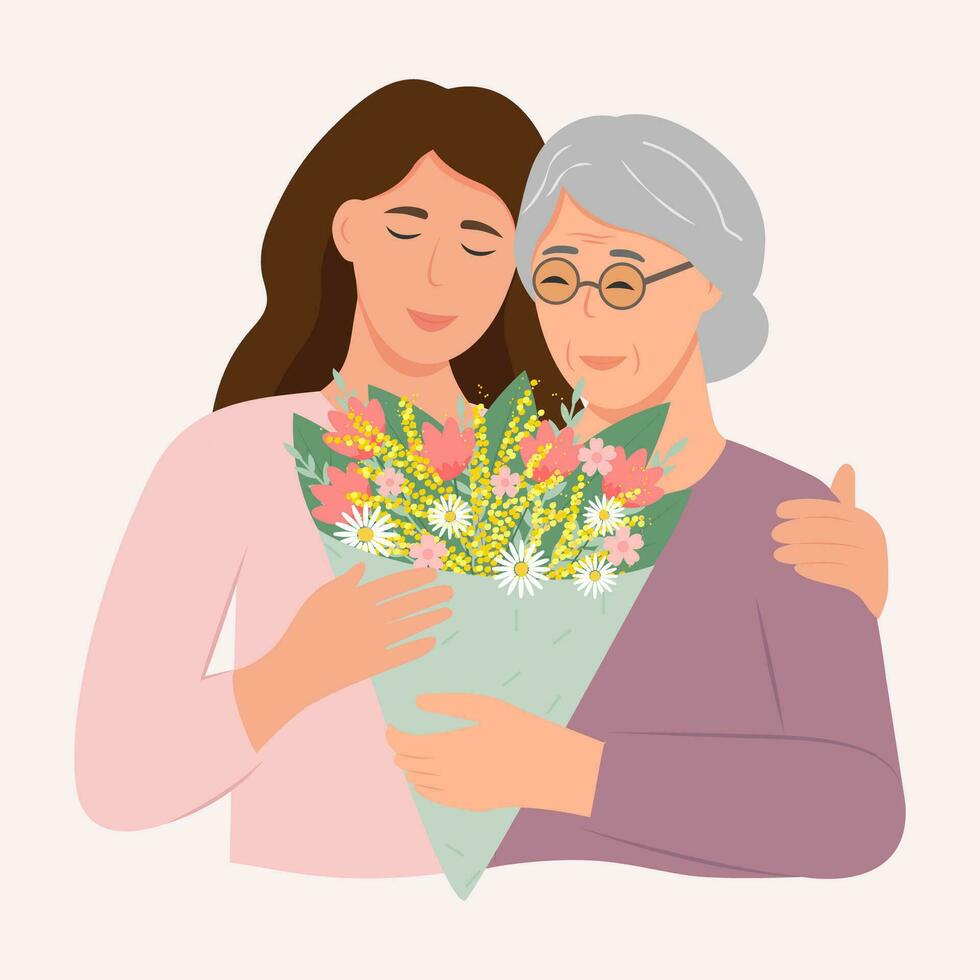 contento mujer abrazando su antiguo madre con amor. madre y hija. madres día . simpático familia relación. vector plano ilustración