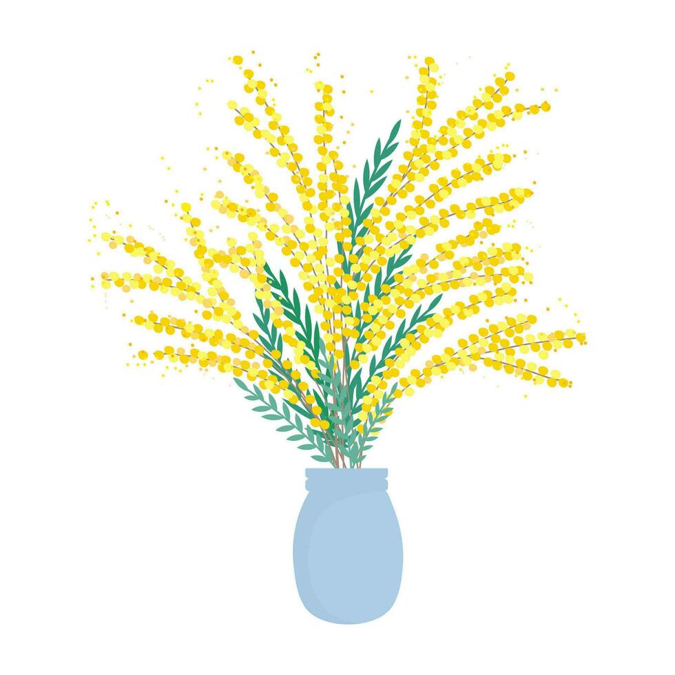 Mimosa flowers in a vase. Yellow flowers with leaves. Spring flowers. Floral composition. Vector illustration on a white background