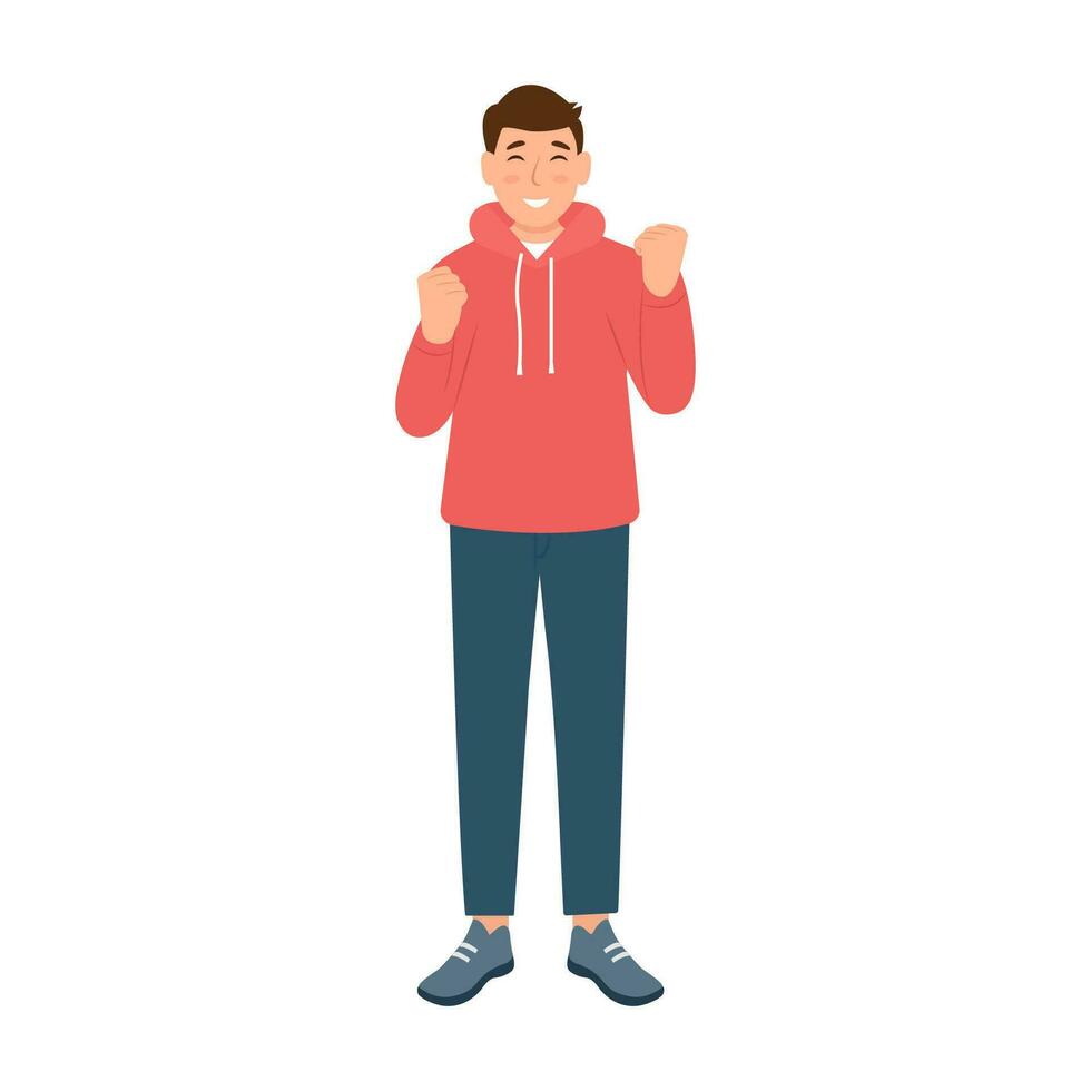 Smiling happy man with winner's gesture.Victory and achievement.  Lucky man. Vector illustration