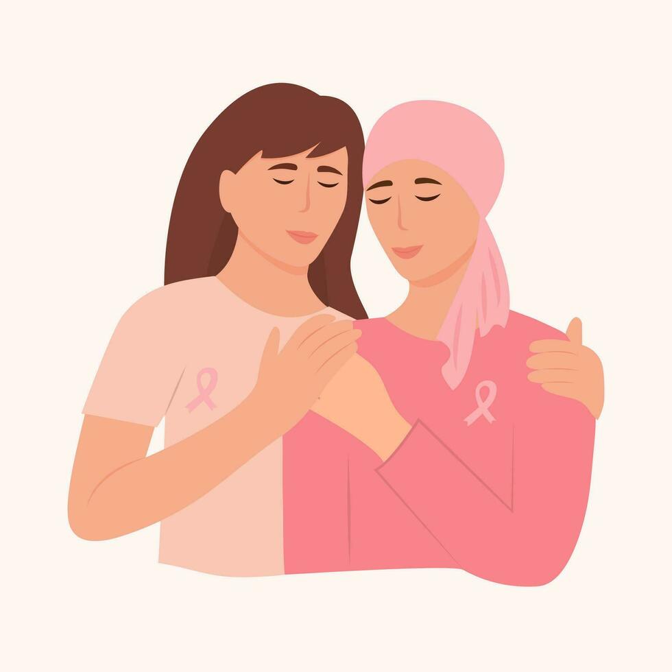 The woman embraces the sick friend. Breast Cancer awareness month concept of support and solidarity with women fighting oncological disease. Vector illustration