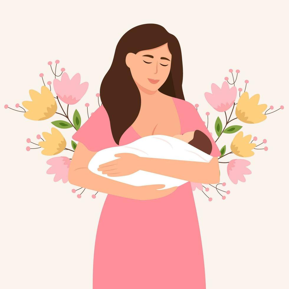 Woman feeding a baby with breast.  Mother's day.Lactation concept. World Breastfeeding Week. Flat vector illustration.