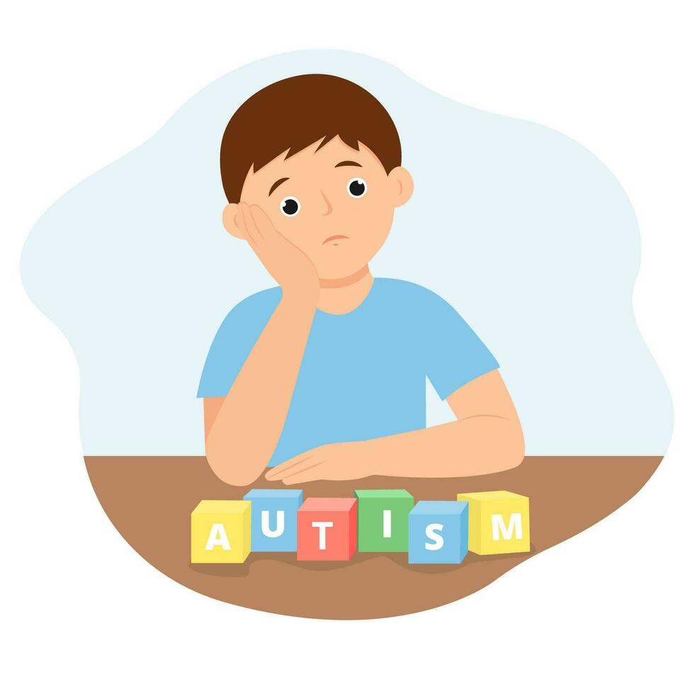 niños autismo. triste chico jugando solo con cubitos juguetes.ilustracion vector