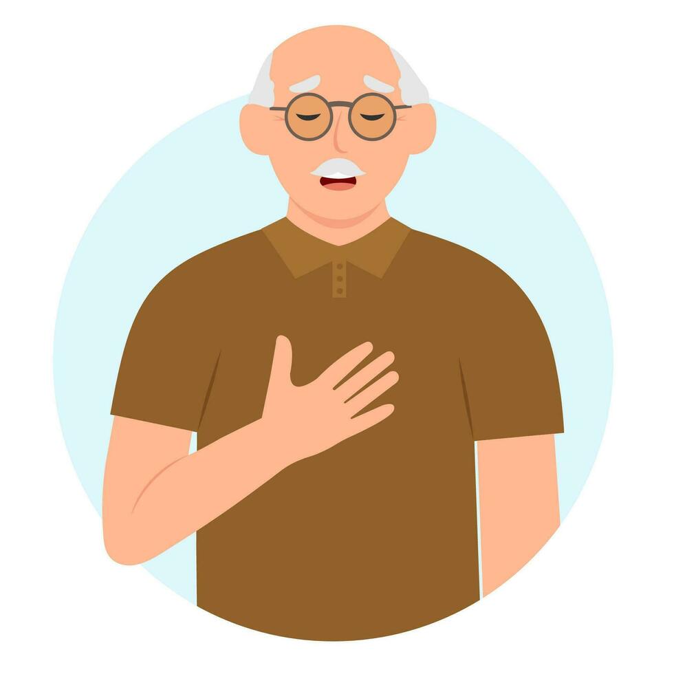 A senior man with heavy breathing and shortness of breath. Breathing problem, asthma,respiratory illness. Vector illustration