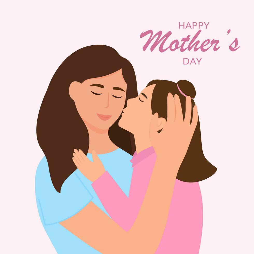 Happy Mother day card. Mom hugs her daughter . Mother holds child. Parent shows love and care. Vector illustration