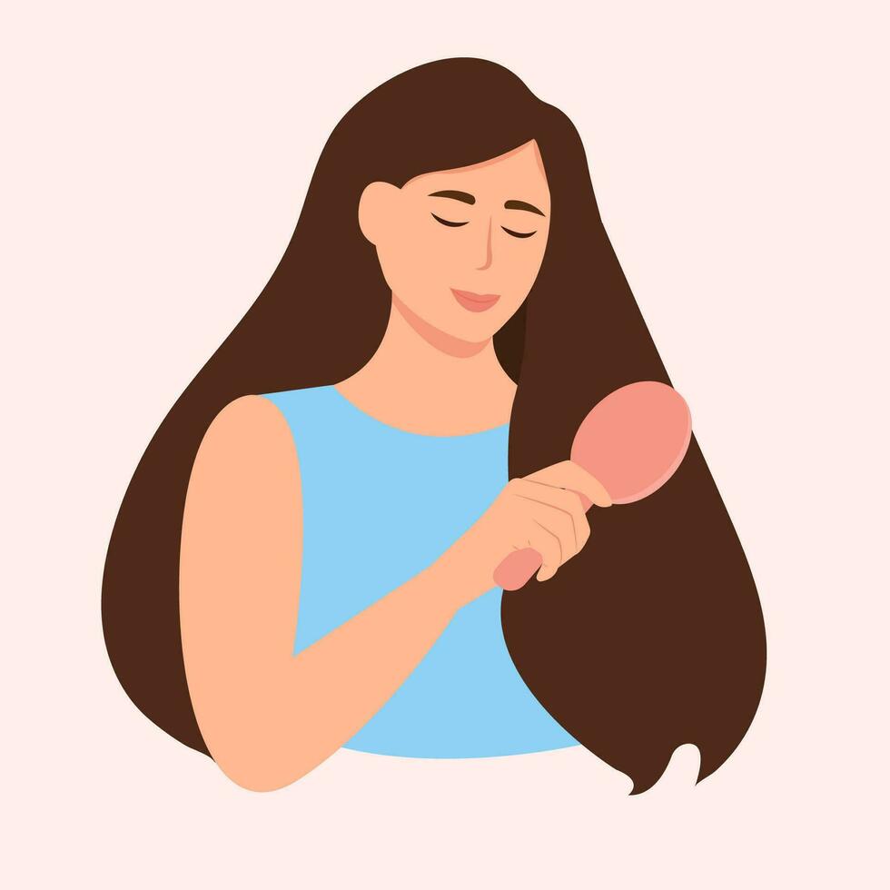 Woman brushing long healthy hair. Lady holding comb in hand. Hair care concept. Vector illustration