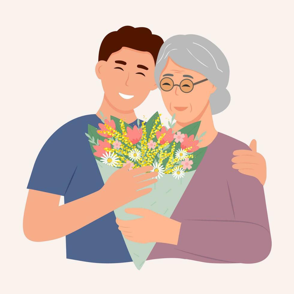 sonriente hombre abrazando su antiguo madre con amor. madre y hijo. madres día . simpático familia relación. vector plano ilustración