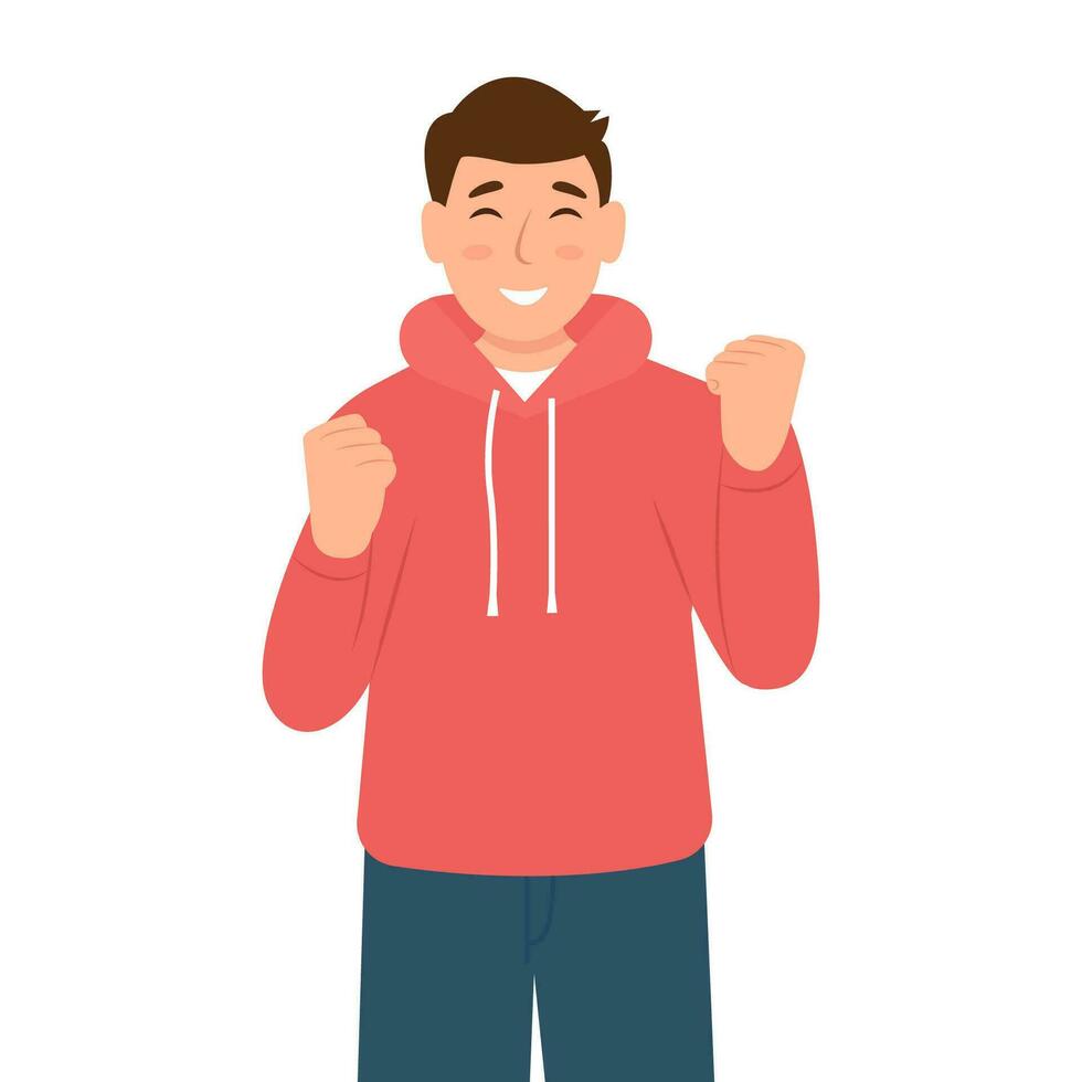 Smiling happy man with winner's gesture.Victory and achievement.  Lucky man. Vector illustration