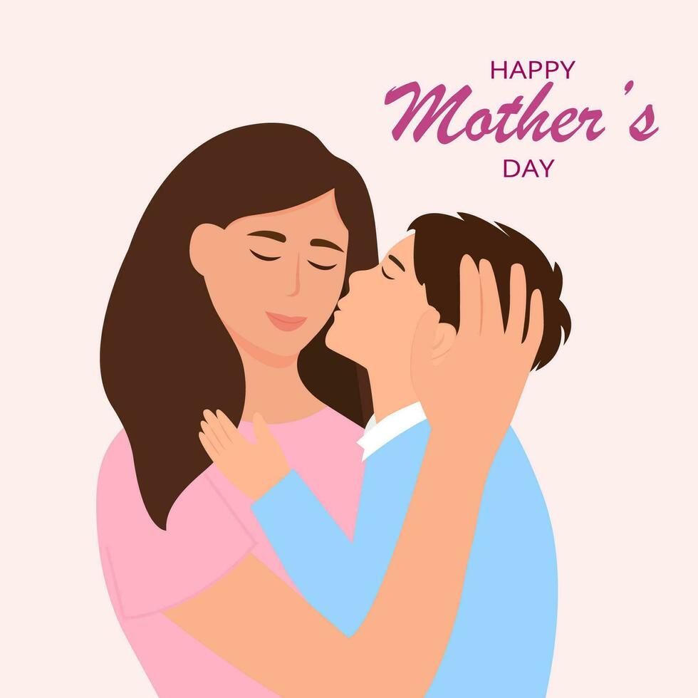 contento madre día tarjeta. mamá abrazos su hijo . madre sostiene niño. padre muestra amor y cuidado. vector ilustración