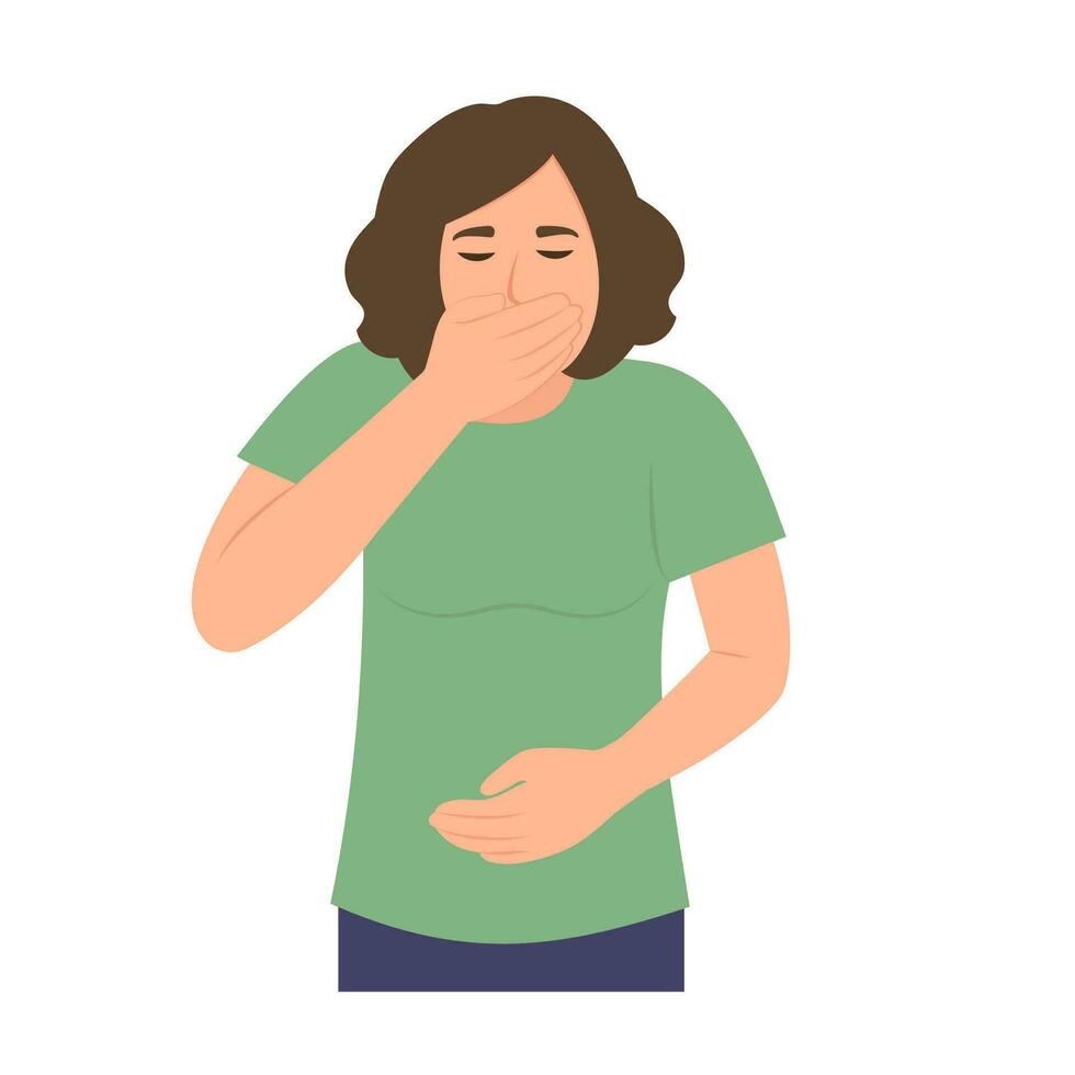 Woman suffering from vomit and closing mouth.Symptom of illness, health problems. Poisoning,Abdominal pain.Isolated flat vector illustration