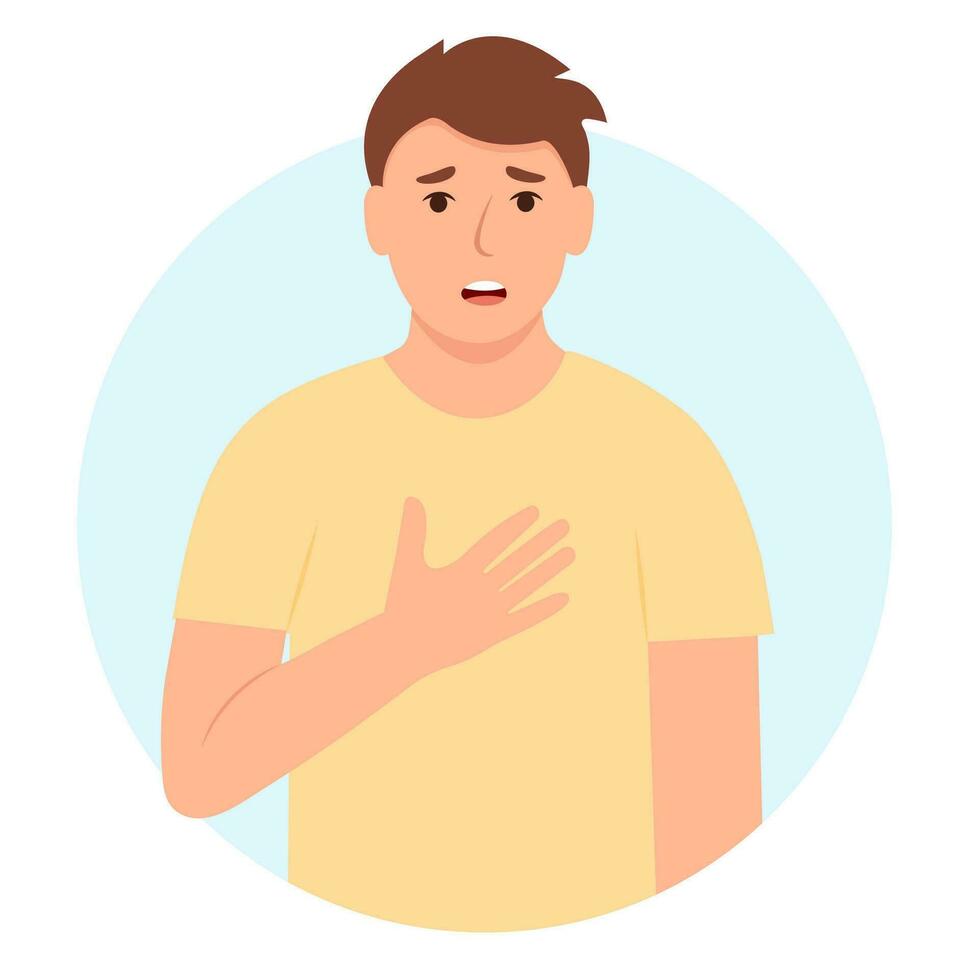 A young man with heavy breathing and shortness of breath. Breathing problem, asthma,respiratory illness. Vector illustration