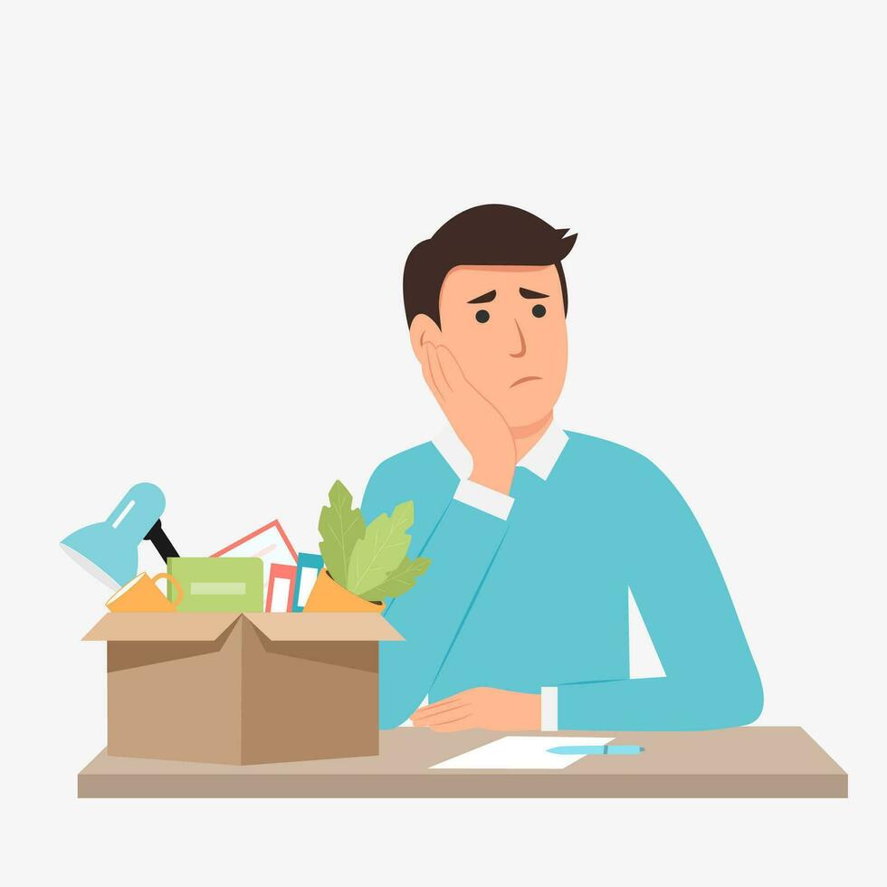Dismissal employee.Firing from a job.  Sad male office worker sitting at the desk. Unemployment and Jobless concept. Flat vector illustration
