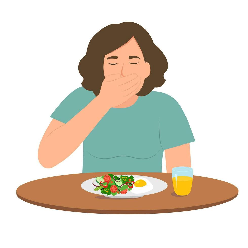 A young woman suffers from nausea and abdominal pain. Pregnancy symptom.Vomiting and diarrhea.Person with food poisoning. Flat vector illustration