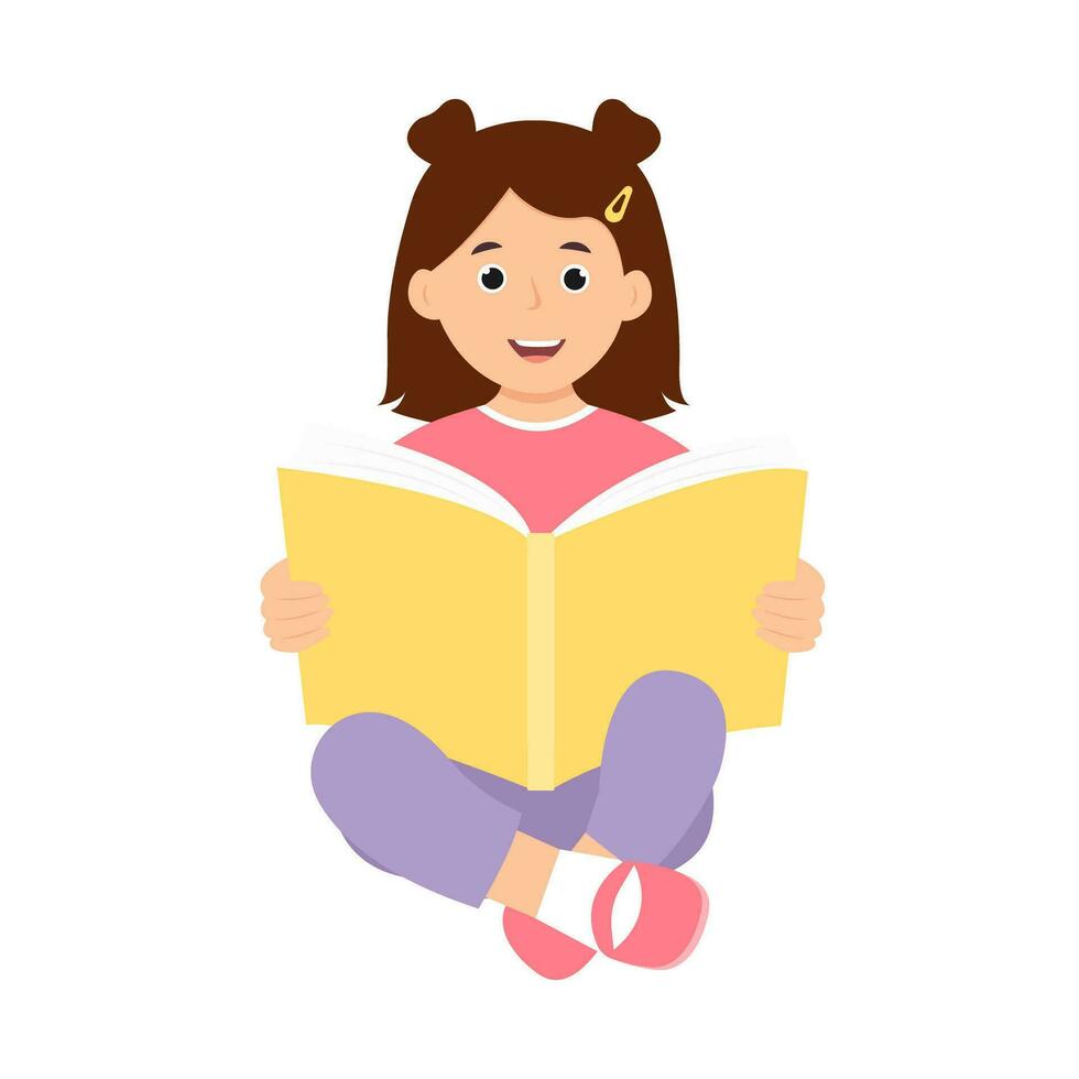 Happy cute kid holding open book. Smiling girl reading a book. Vector illustration isolated