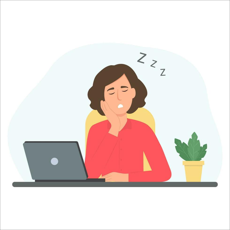 Tired business woman sleep on workplace. Office worker taking a nap at desk. Overwork,fatigue. Vector illustration.