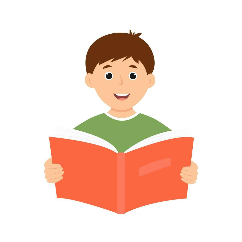 Smiling cute kid boy holding open book. Happy child reading a book. Vector illustration isolated