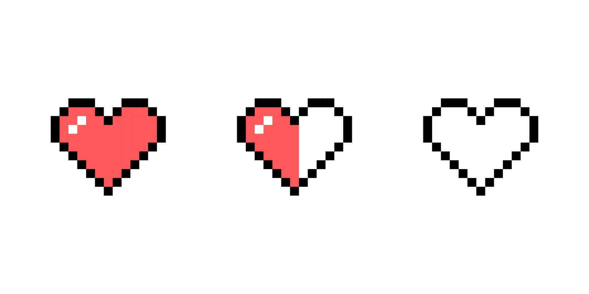 Clipart set of pixel elements in 8-bit style isolated on a white background. Heart shaped icons, all lives, half lives, lives are over. vector