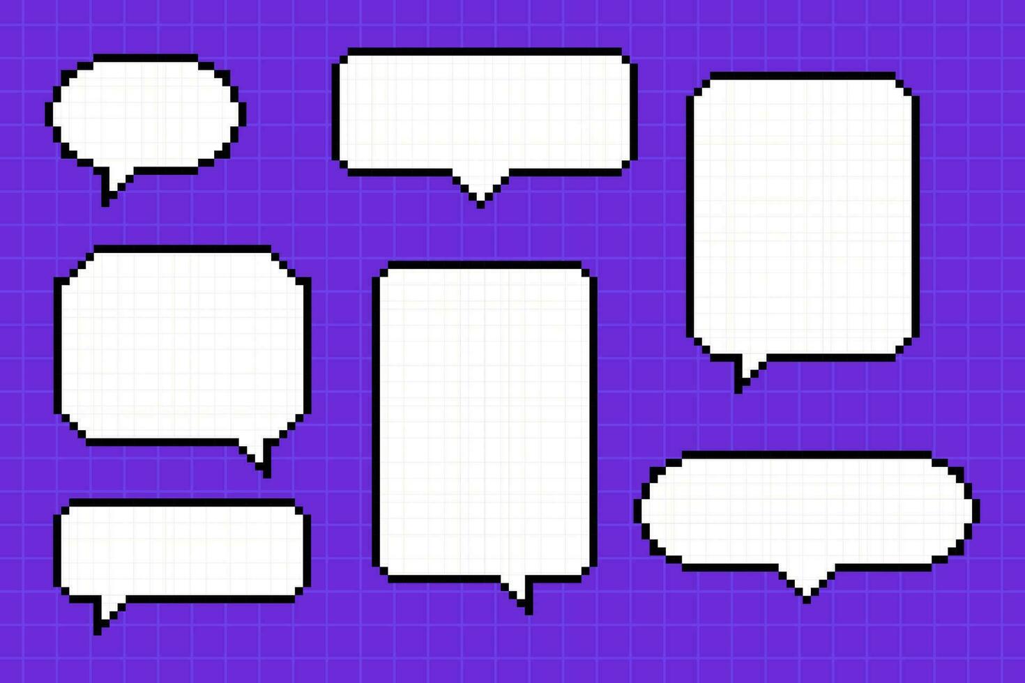 Clipart set of pixel dialog boxes in 8-bit style on a bright purple background. Pop-up dialogue clouds of different shapes and sizes, elements of a retro game. vector