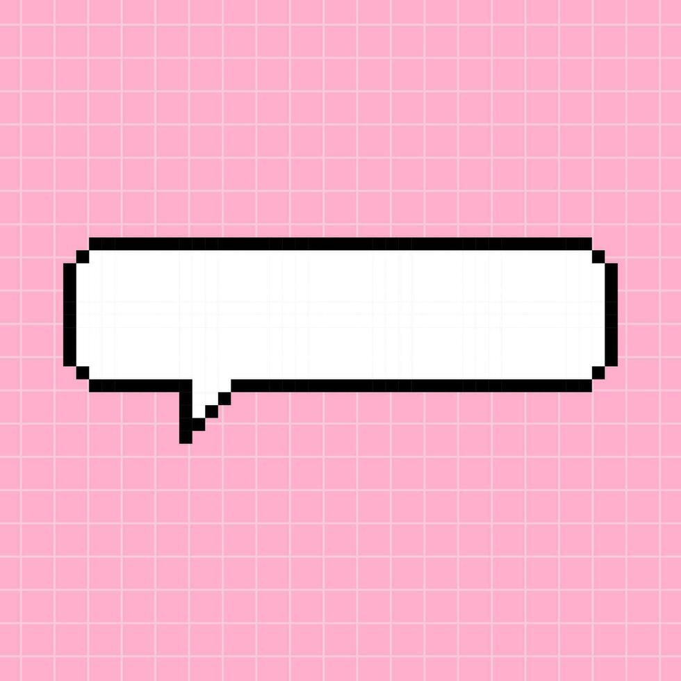 A narrow horizontal rectangular frame in the shape of a pixel dialog box on a pink checkered background. Vector element in 8-bit retro game style, space for text.