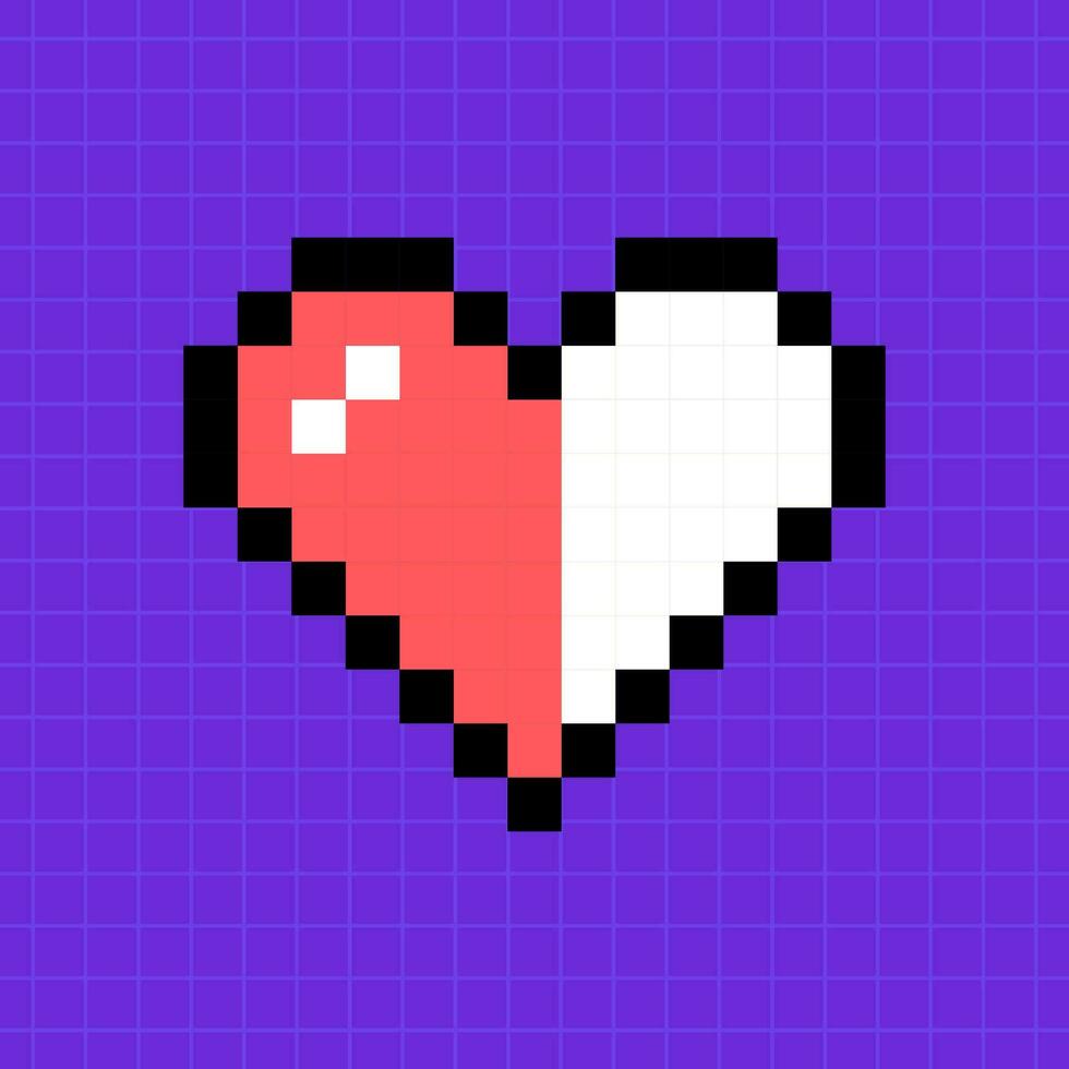 Pixel game life bar in red color on a bright purple background. Half heart icon, 8-bit retro game style illustration, controller. vector