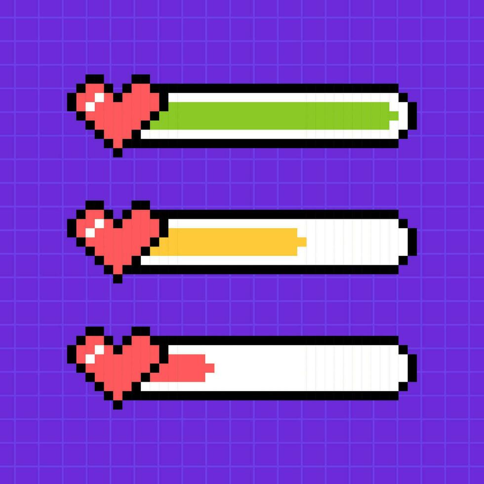 Clipart set of pixel elements in 8-bit style isolated on a bright purple background. Three life scales in a retro game, heart icons. vector