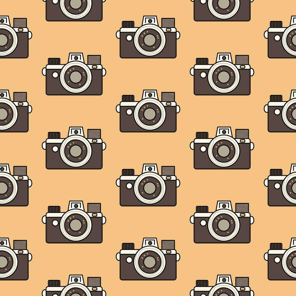 Cute seamless pattern vintage camera in retro colors, isolated on a beige background. Background, backdrop, wrapping paper. vector