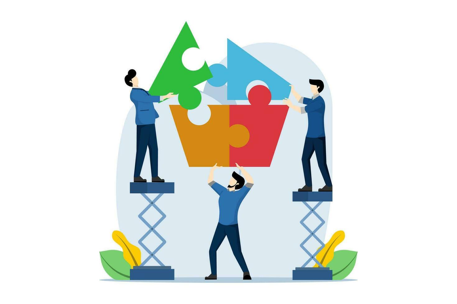 Business team cooperation concept. teamwork puzzle, people connect puzzle elements. partnership, connection, collaboration, brainstorming, partner, collaborate, match, flat vector illustration.