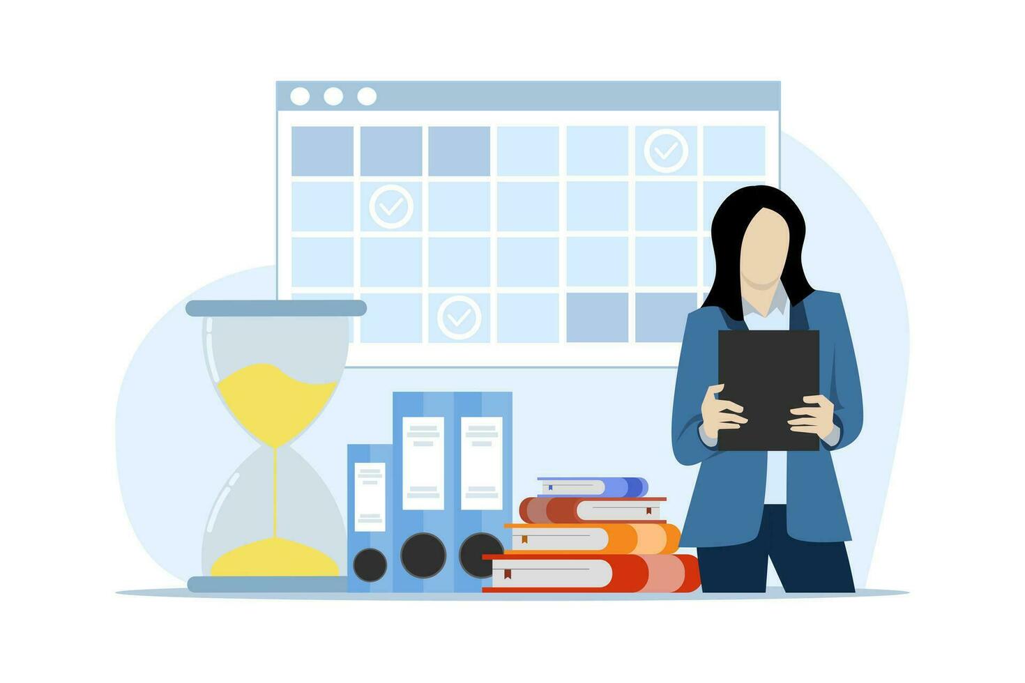 time management concept of schedule, deadline, planner, planning and organizing, scheduling appointments in calendar, marking tasks in list and organizing office workflow. flat vector illustration.