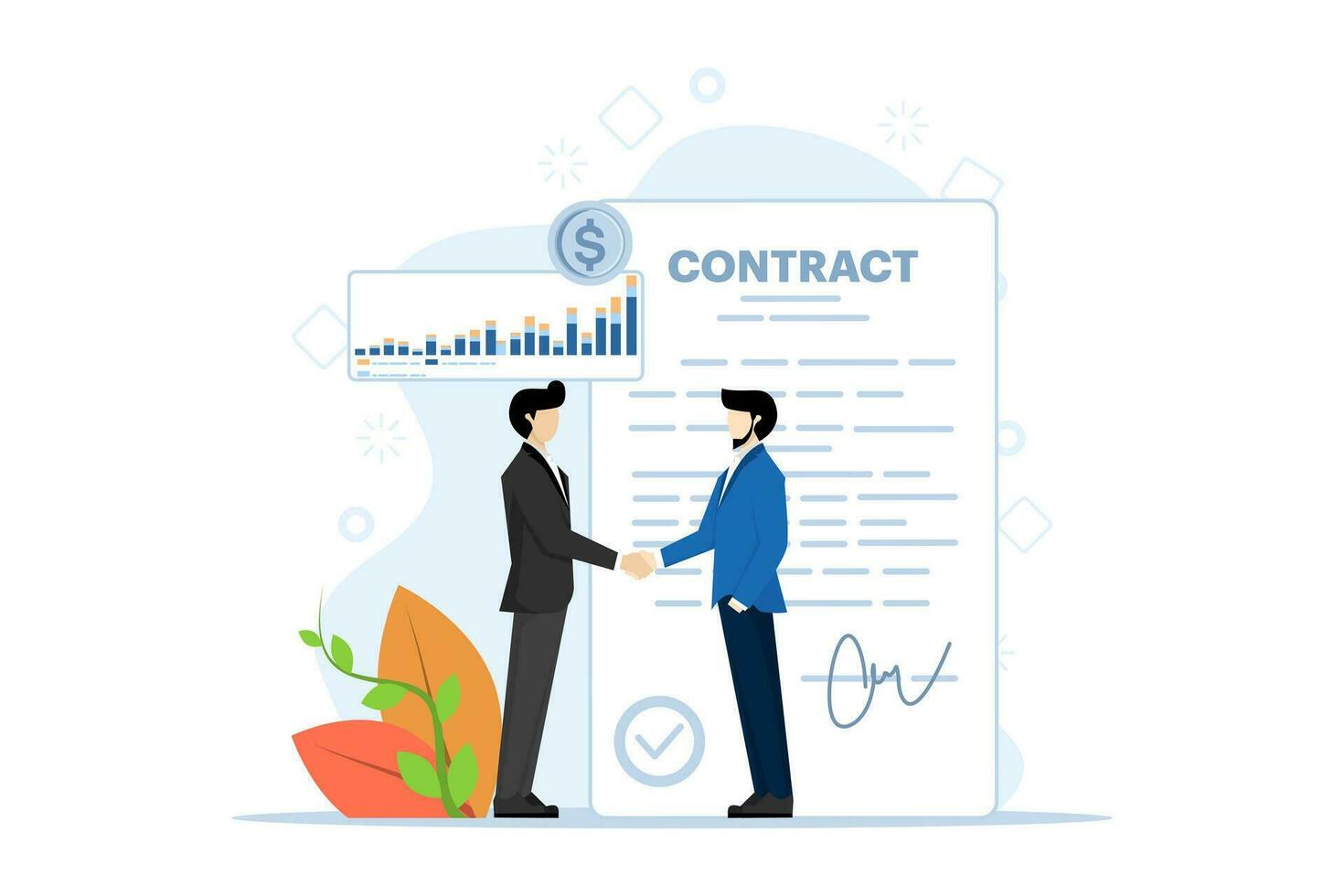 business contract concept, agreement illustration, teamwork and collaboration, partnership, business startup strategy, contract agreement signing characters. flat vector illustration on background.
