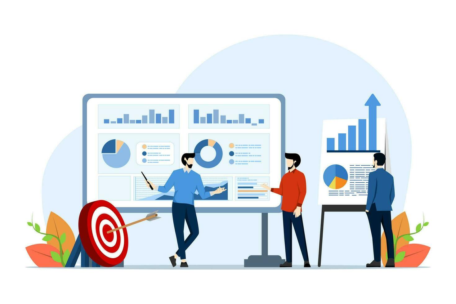 concept of financial analysis, accounting, business meetings and targets, management, company, business team analyzing company finances. vector flat illustration on white background.