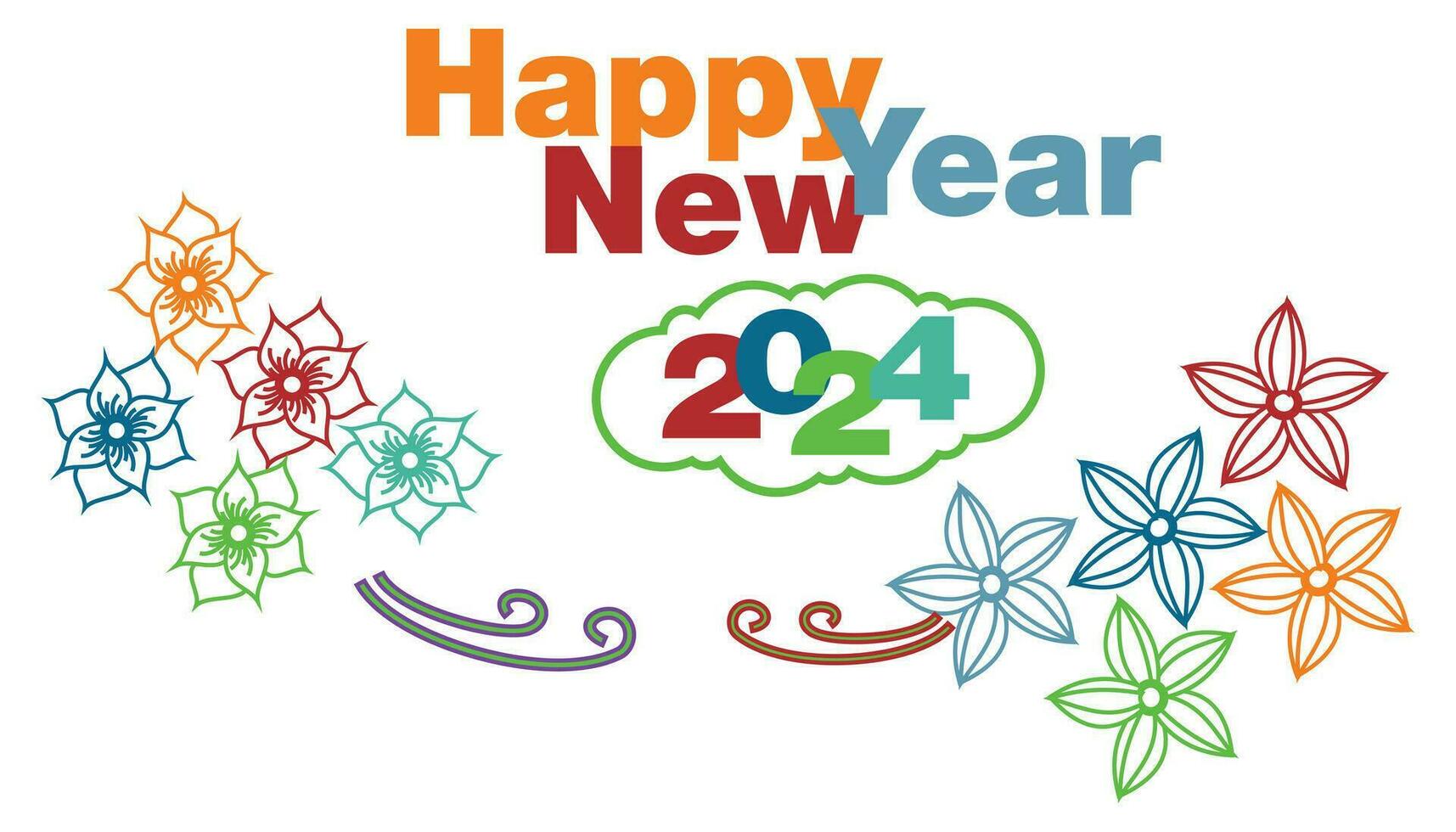 Happy New Year 2024 greeting card with Colorful Flowers and Text. Vector illustration.