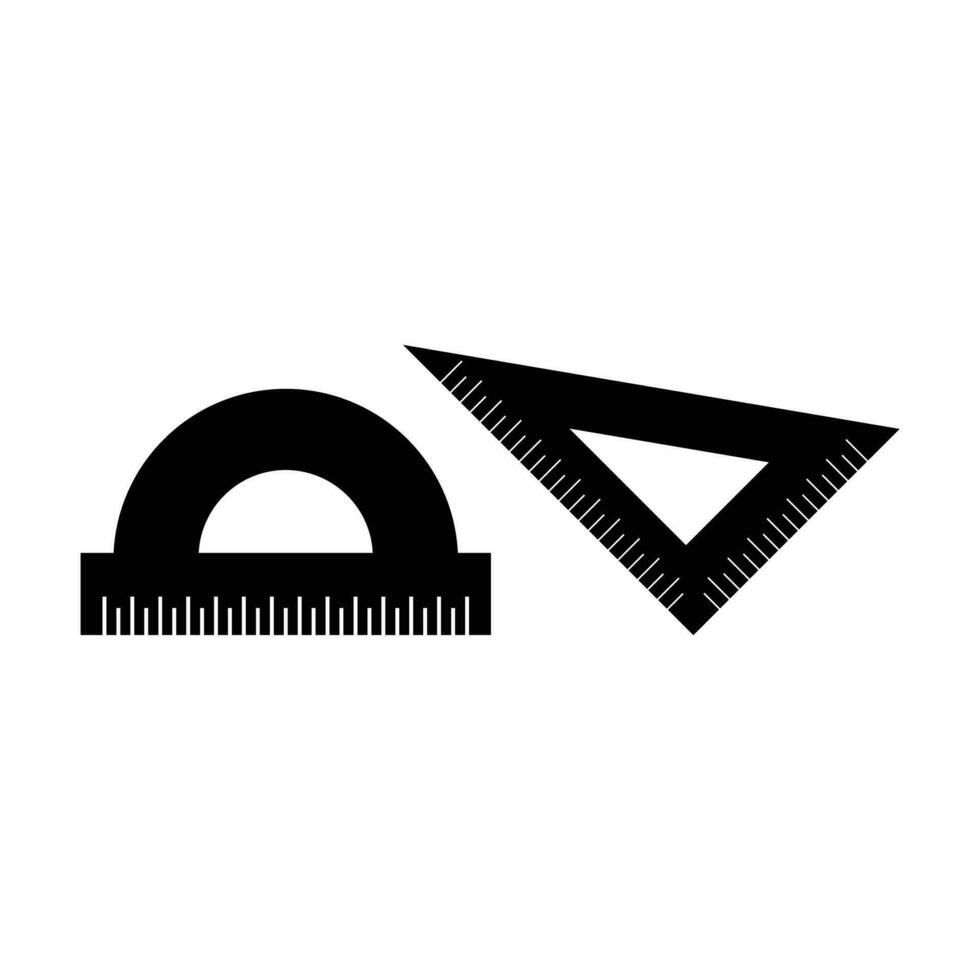 Ruler icon. Black and white vector illustration. Flat style. Silhouette of arc and triangular ruler. Elements of mathematics, education and teaching