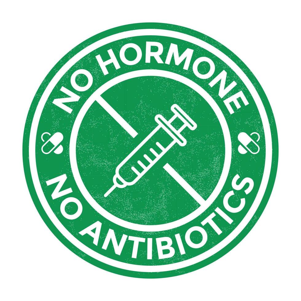 Hormone Free Badge, Rubber Stamp, Label, Seal, Emblem, No Hormone, No Antibiotics, Packaging Design Elements, Product Label Design With Grunge Effect Vector Illustration