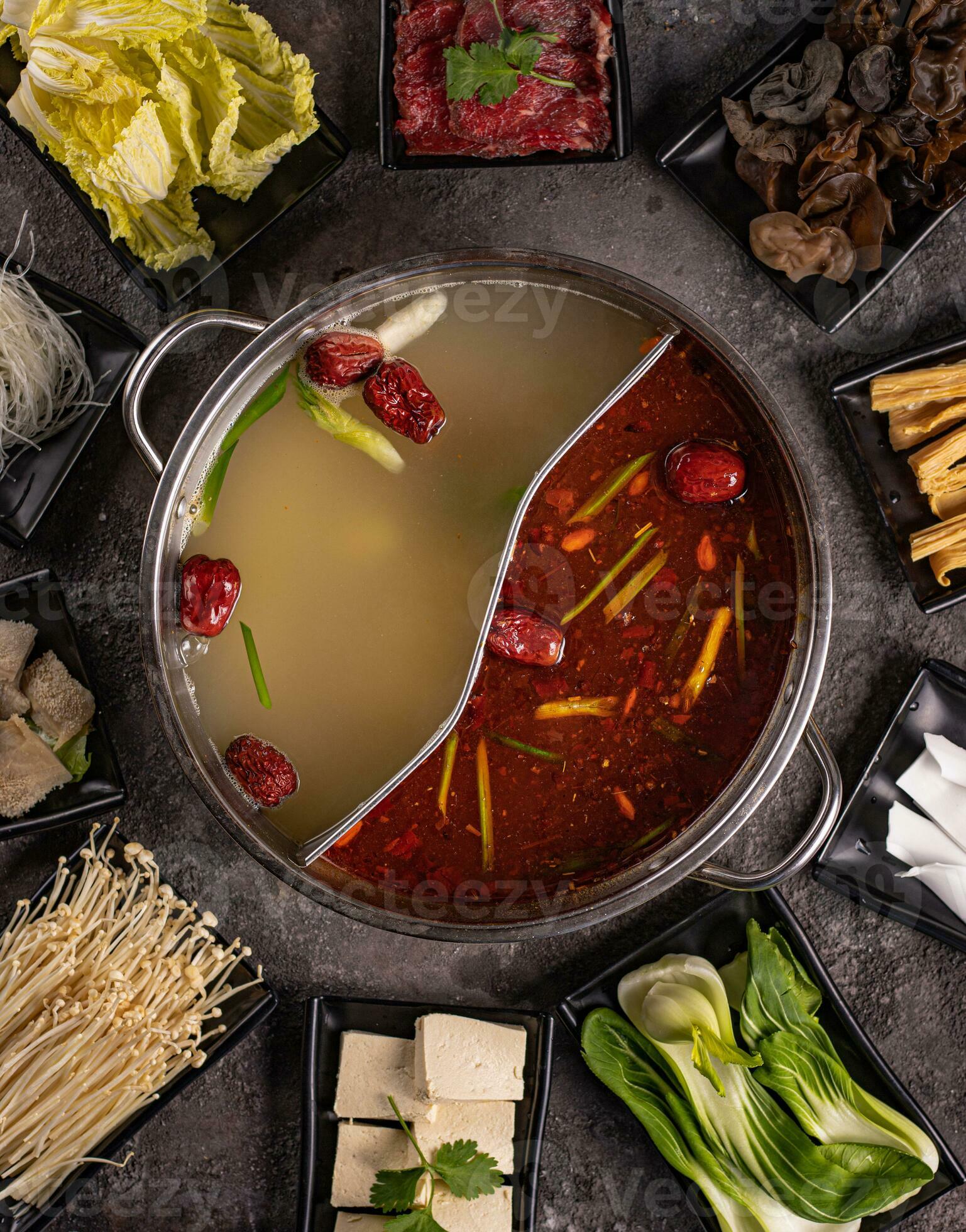 delicious asian bouillon with a lot of extra ingredients. View from