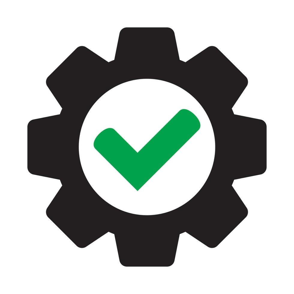 Check mark with gear icon, cog with check icon. vector