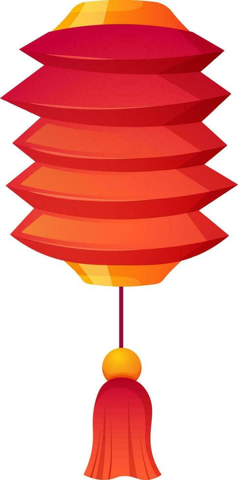 Chinese red lantern with golden decorations, folded in stripes, and with tassel at the bottom. Vector illustration for Chinese New Year, Lantern Festival