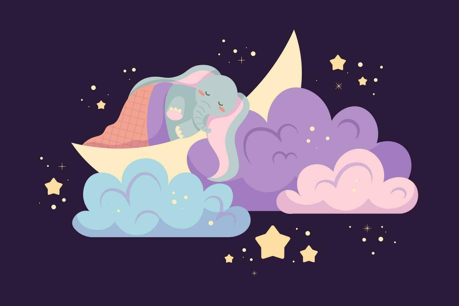 Cute baby elephant covered with blanket sleeps on the moon in the clouds. Simple vector illustration for kids