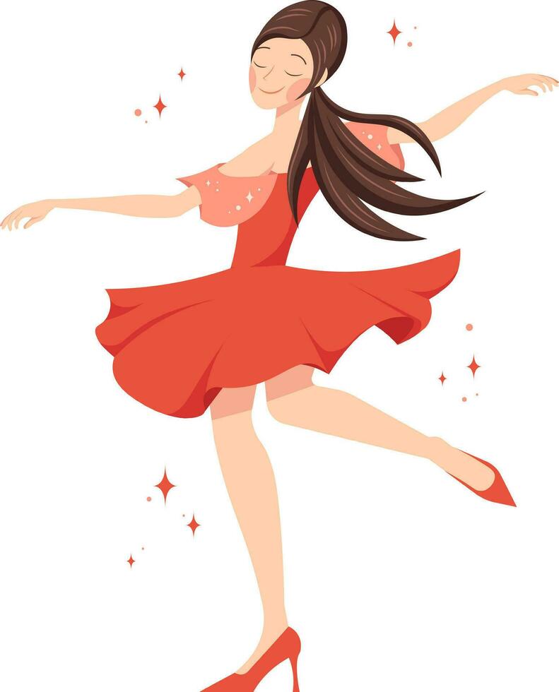 Beautiful girl in red dress dances and sparkles. Vector illustration in flat style for dance events and studios