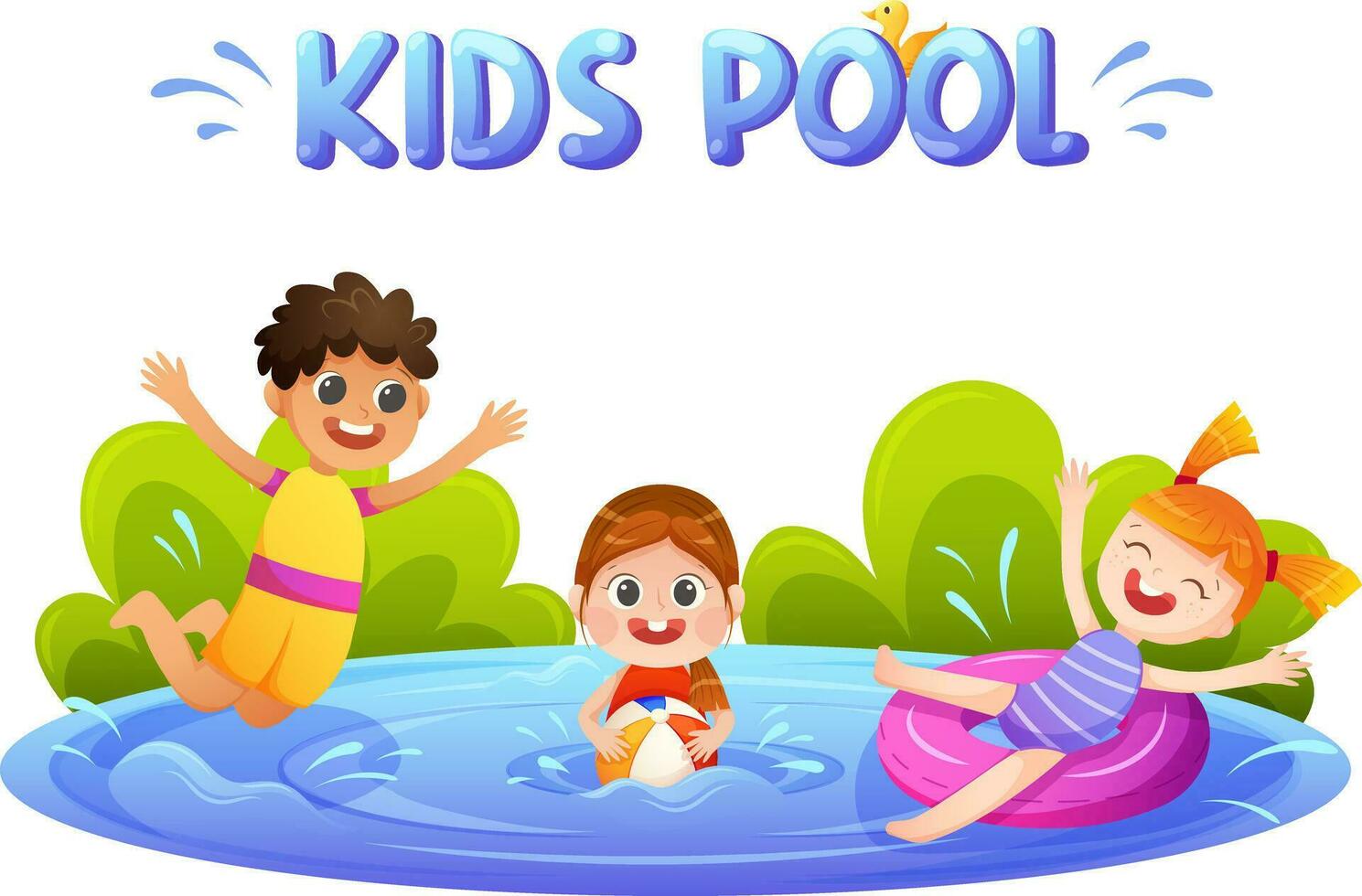 Happy laughing children swim in the pool on circle and with ball. Vector garish illustration for children's pool, summer events, children's parties.