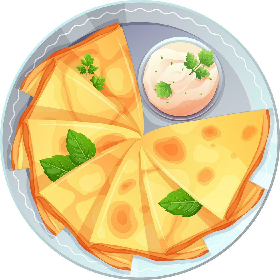 Stack of thin pancakes with bowl for parsley sauce on plate, top view. Vector illustration of delicious food in cartoon style