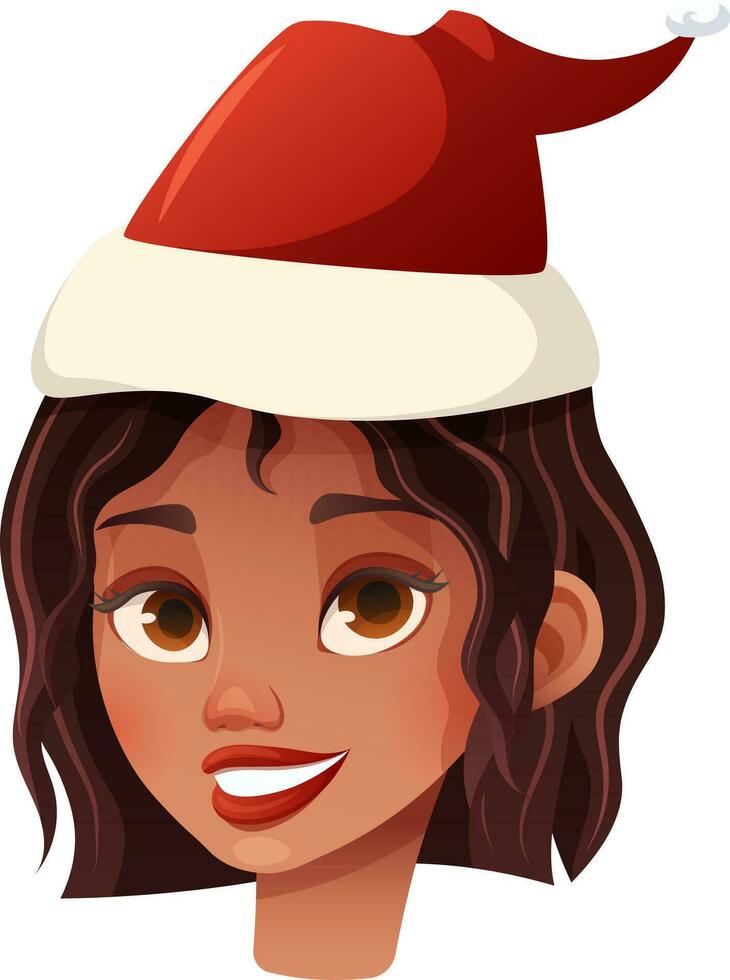 Avatar of beautiful black girl in Santa Claus hat. Vector illustration in cartoon style