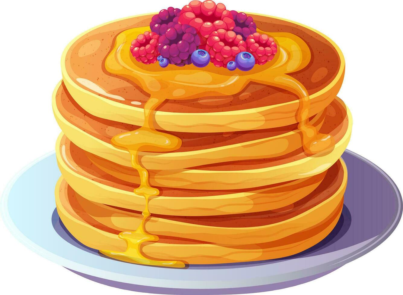 Stack of fluffy pancakes with berries, poured with honey or caramel. Side view. Vector illustration of delicious food in cartoon style