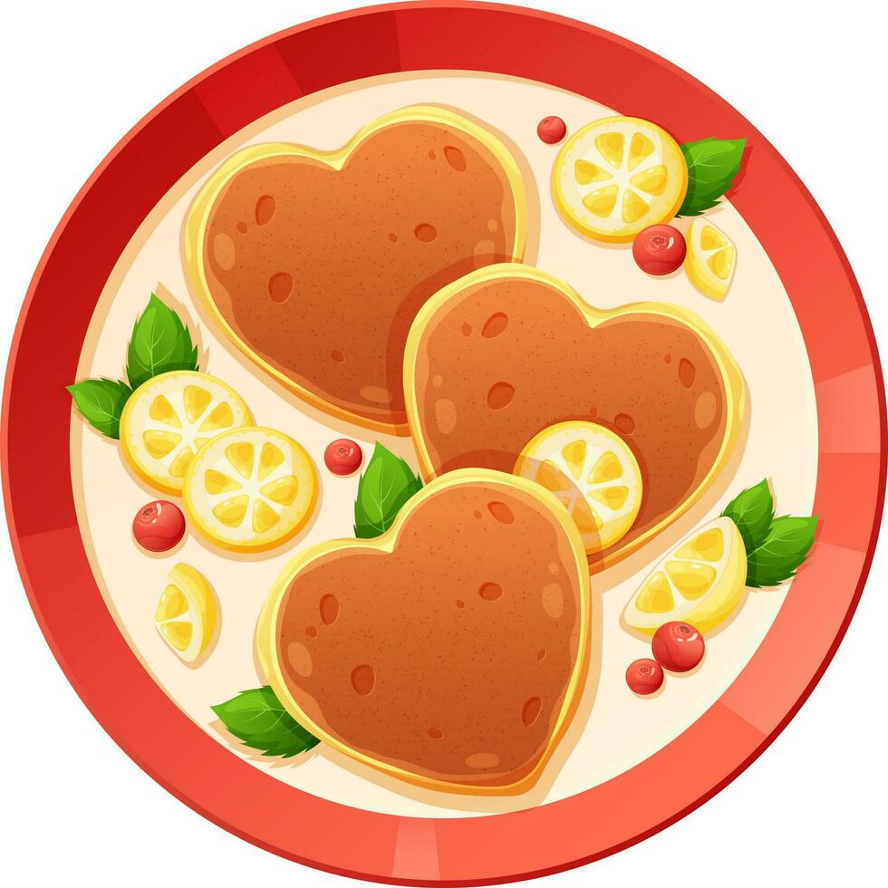 Heart pancakes for Pancake Day with lemon slices, berries and mint leaves, top view. Vector illustration of delicious food in cartoon style