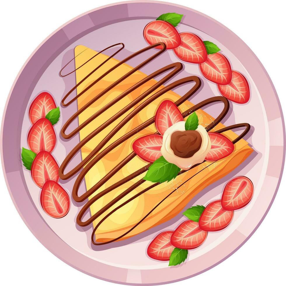 Sweet pancake on plate poured with chocolate syrup with strawberries. Vector illustration of delicious food in cartoon style