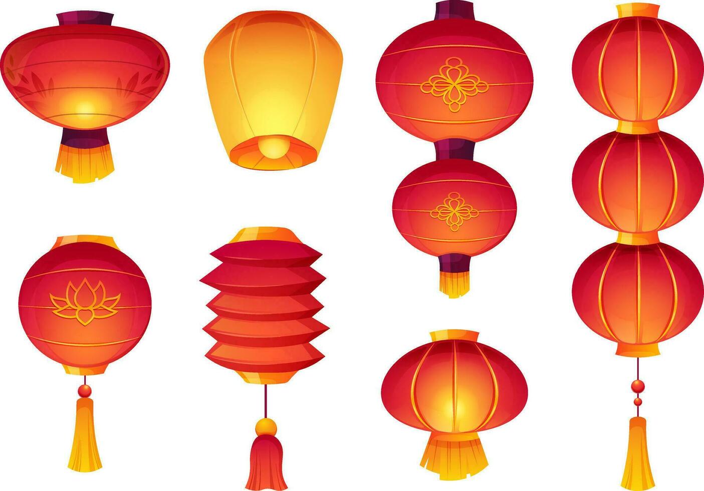 Chinese Lantern Festival, red paper lanterns with golden decorations for Chinese New Year. Vector icons in cartoon style