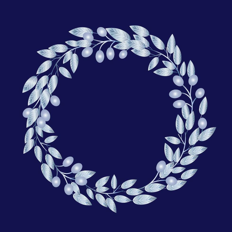 Advent wreath with holly berries, mistletoe, pine and spruce branches, rowan berries on a blue background. Merry Christmas and Happy New Year. Vector EPS10