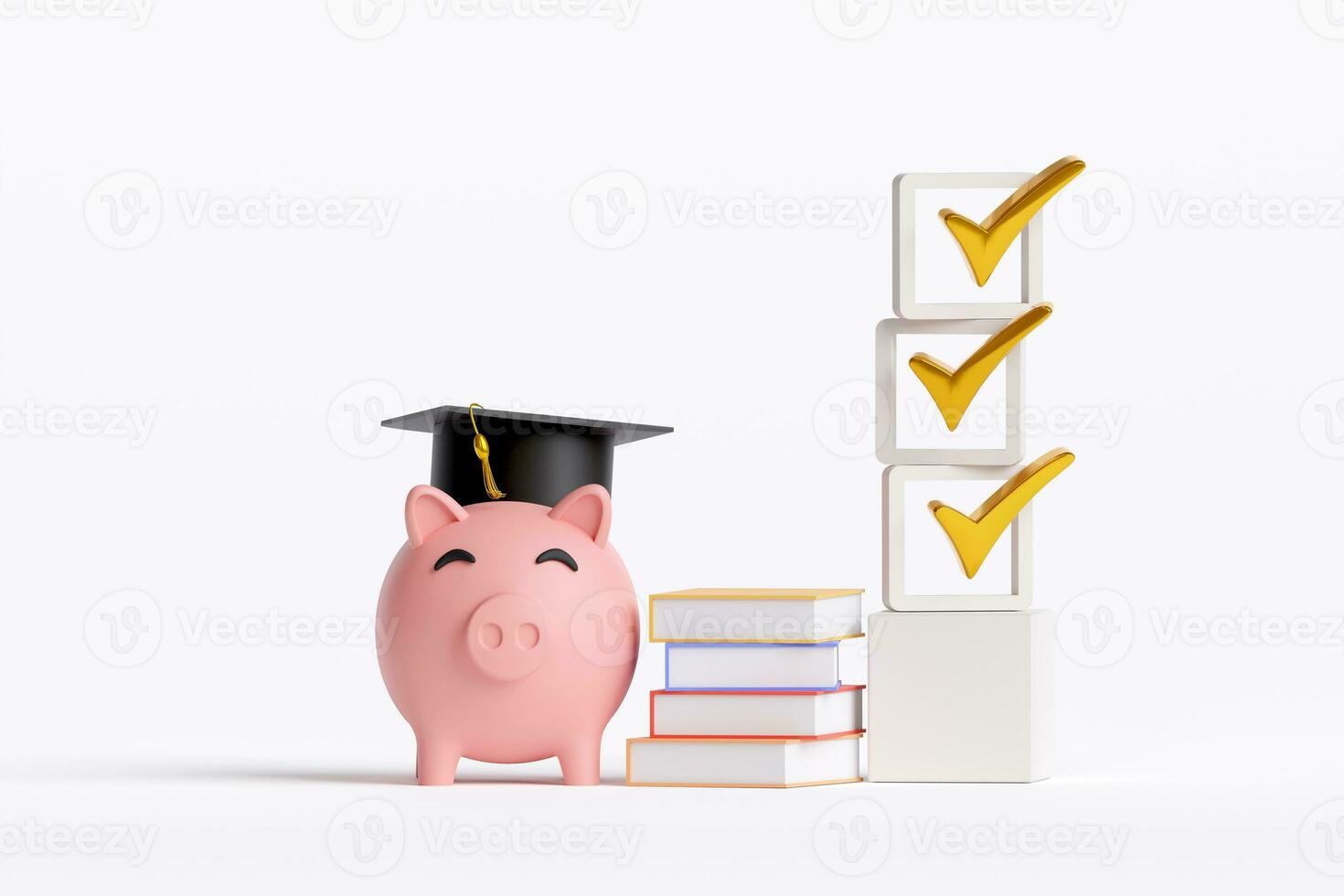 cerdito banco vistiendo graduación gorra y pilas de libros con cheque marcas. concepto de becas para educación, financiero administración para futuro educación inversiones, gastos, y préstamos, matrícula honorarios. foto