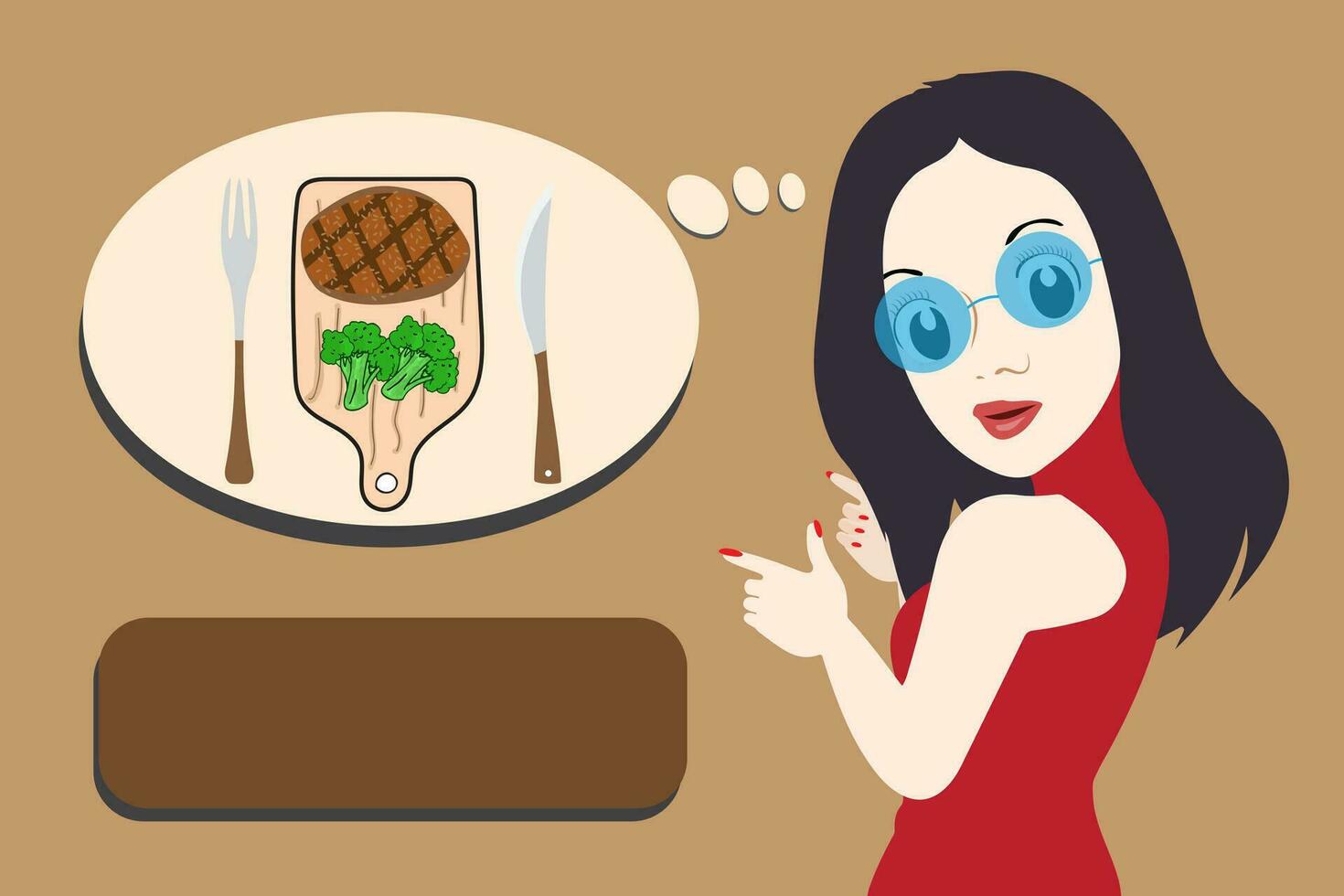 woman pointing at steak plate. A woman is presenting an appetizing looking steak. vector